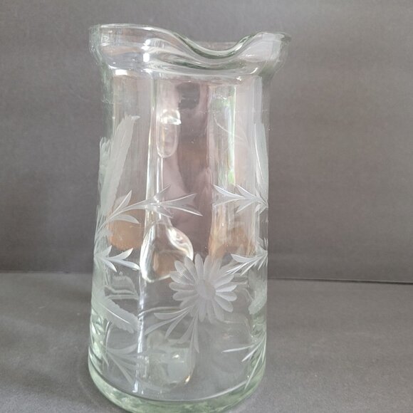 Vintage Clear Etched Glass Pitcher With Floral Design & Handle 9" - Picture 6 of 16